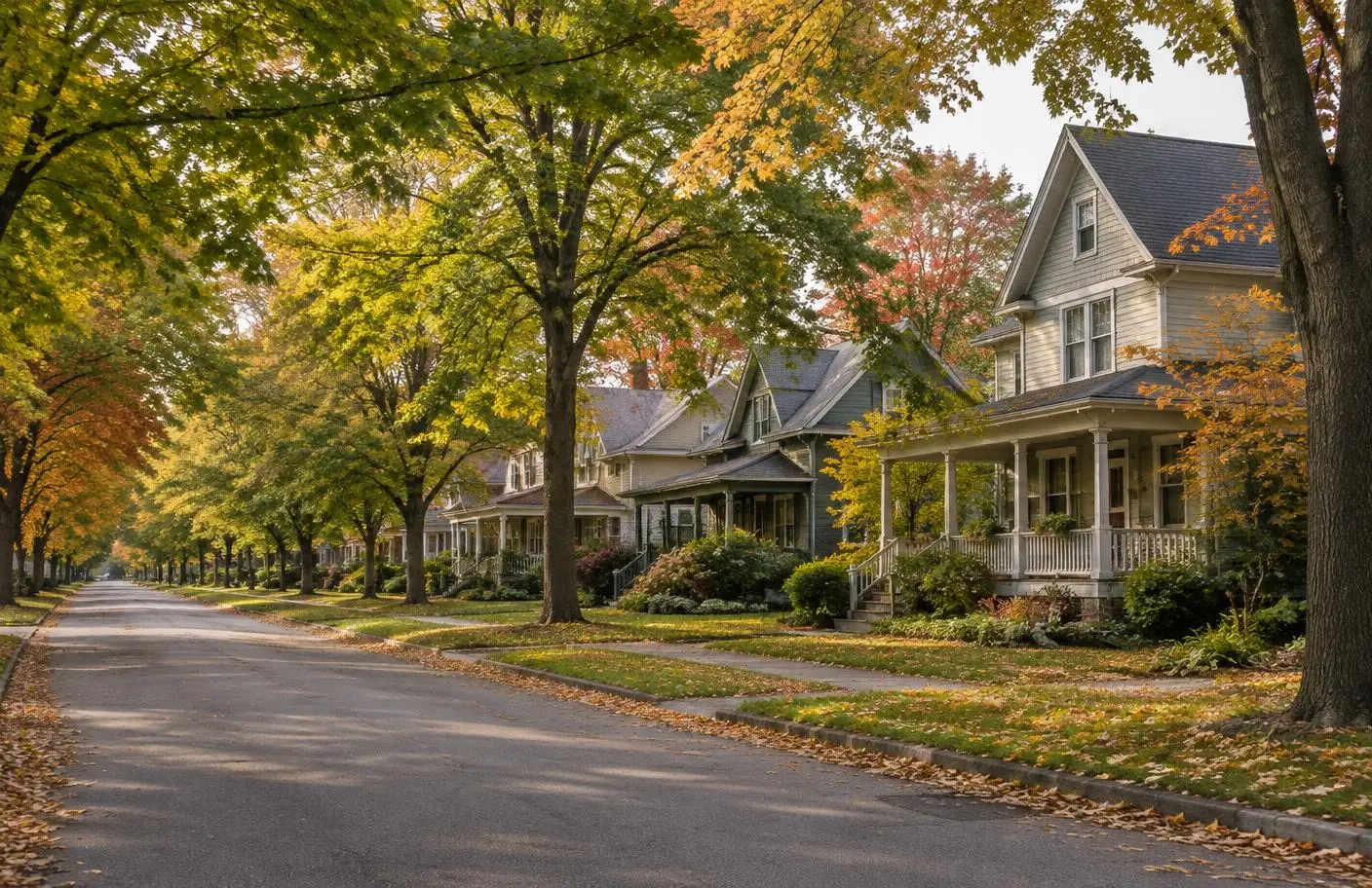 Tree-lined residential street in a Central Illinois neighborhood