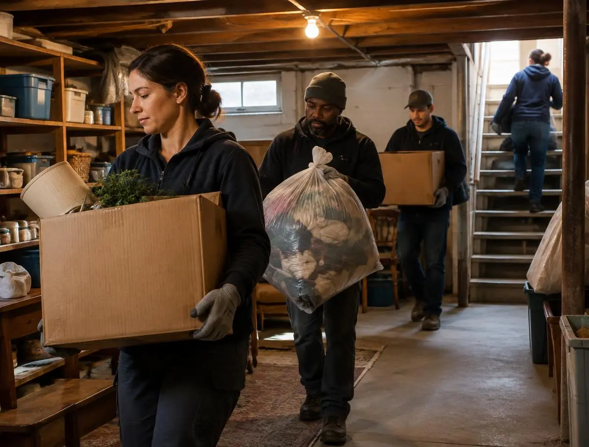 Whole-home cleanout crew removing boxes from a basement near Peoria