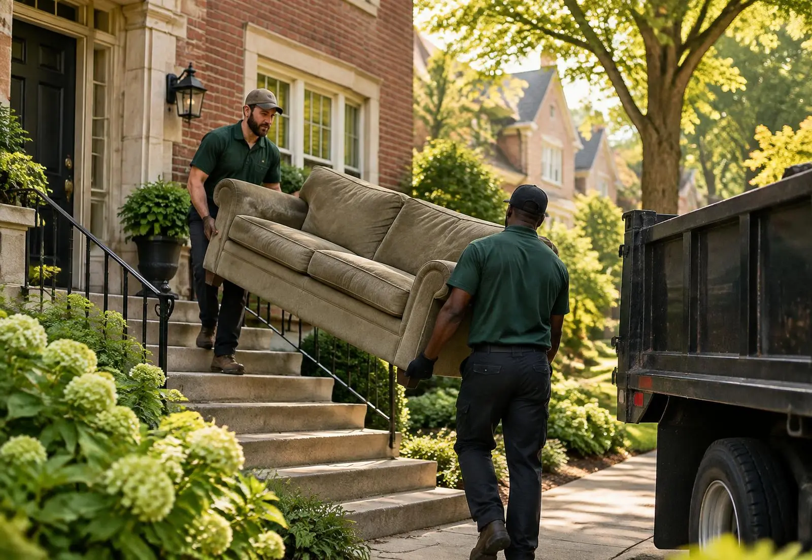 Junk removal crew carrying a couch to a hauling truck in the Peoria IL area